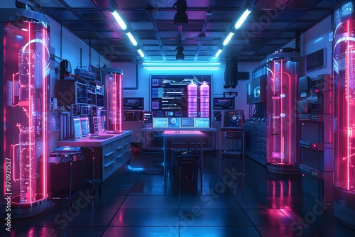 A futuristic lab shrouded in darkness, illuminated by flickering neon lights, showcasing the raw power and potential dangers of advanced technologies © Paisan