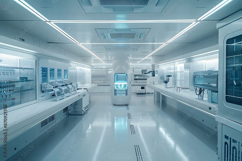 Obraz premium A sterile and minimalist laboratory space, featuring futuristic equipment with clean lines and a futuristic aesthetic, highlighting the efficiency and precision of advanced technology