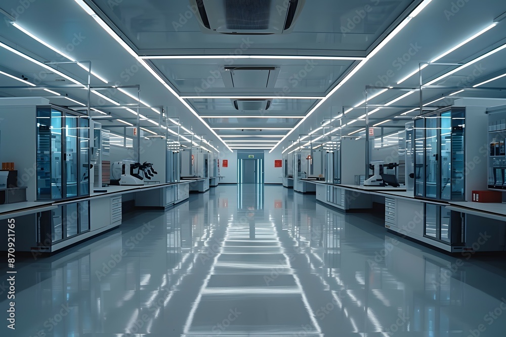 Obraz premium A sterile and minimalist laboratory space, featuring futuristic equipment with clean lines and a futuristic aesthetic, highlighting the efficiency and precision of advanced technology