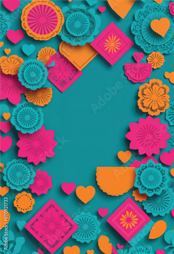 a clean vector background with floral, heart, and papel picado banners on it