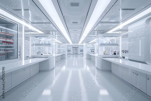 A sterile and minimalist laboratory space, featuring futuristic equipment with clean lines and a futuristic aesthetic, highlighting the efficiency and precision of advanced technology © Paisan