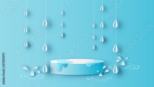 Circle stage podium for rainy decorated with rain drops hanging and blank space. Rainy season backdrop. Rainy mockup. paper cut and craft style. vector, illustration.
