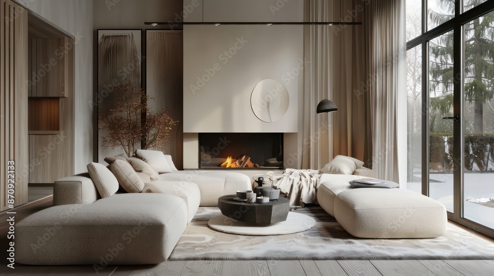 Fototapeta premium cozy scandinavian living room with fireplace
