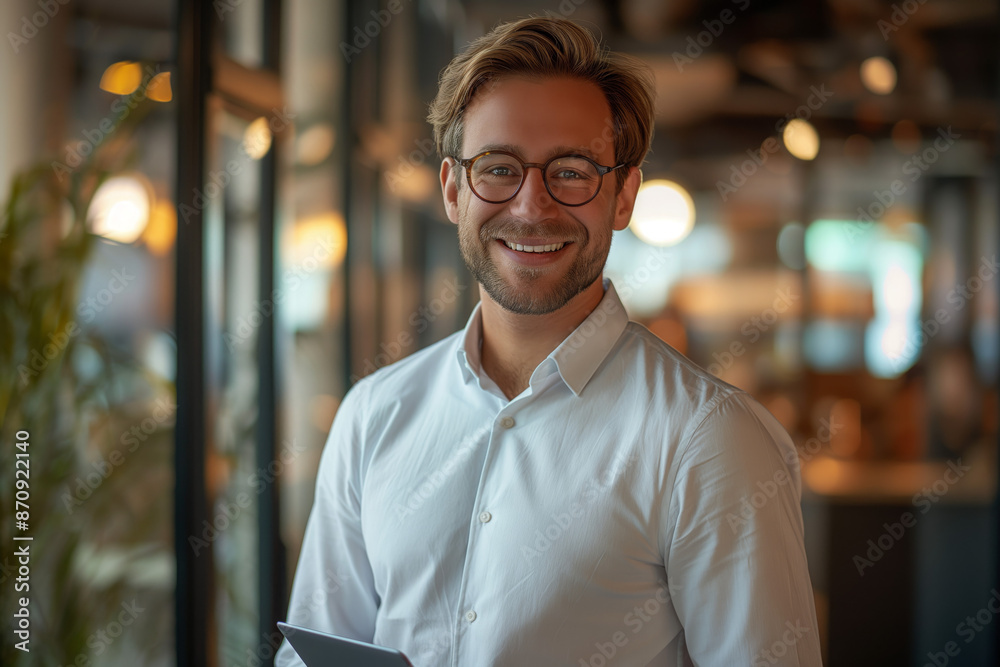 featuring a confident and smiling young professional man standing in a modern office environment. The man, wearing glasses and a crisp white shirt, holds a tablet and exudes a sense of competence