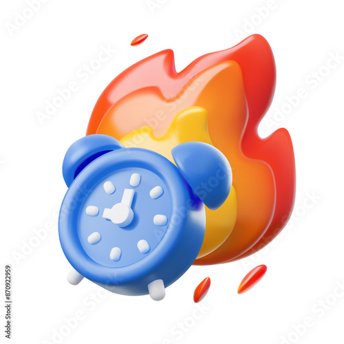 The alarm clock is engulfed in flames. Vector 3D illustration of emoji.