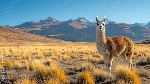 A llama standing in a picturesque Andean landscape, with mountains and clear skies, midday light,