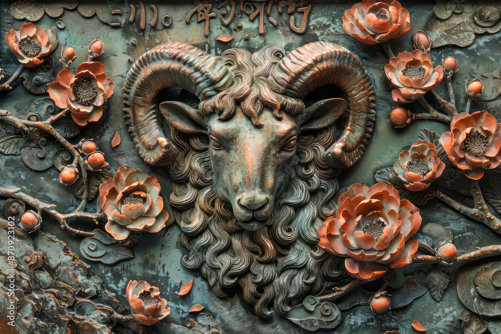 a relief sculpture of a ram head. Generative AI a relief sculpture of a ram head. Generative AI