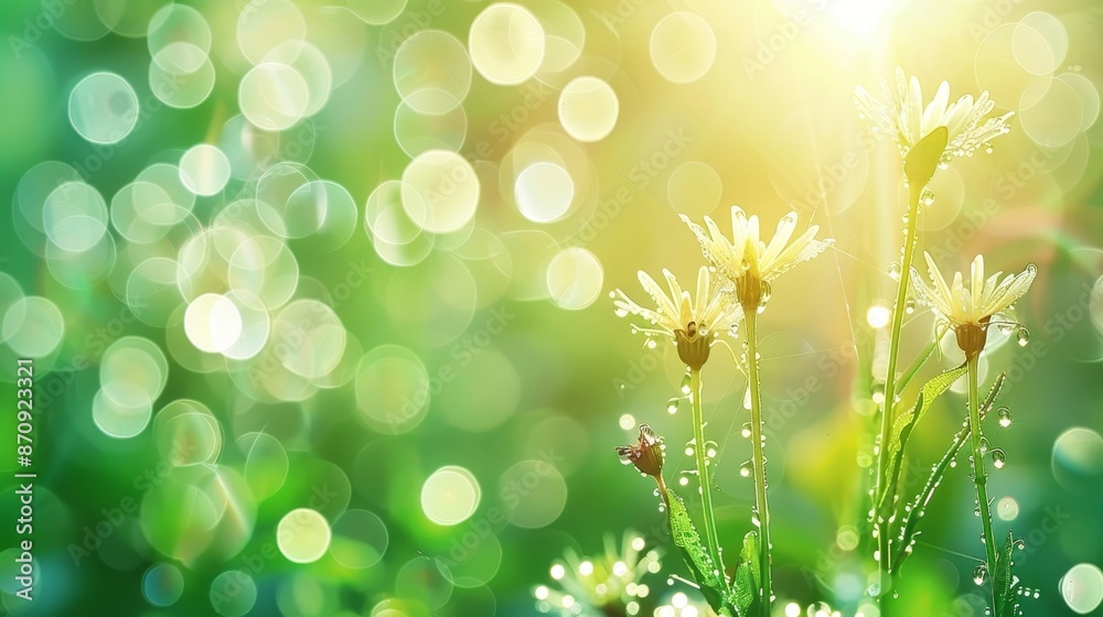 Obraz premium Shimmering dew drops on fresh morning grass with beautiful bokeh circles in nature