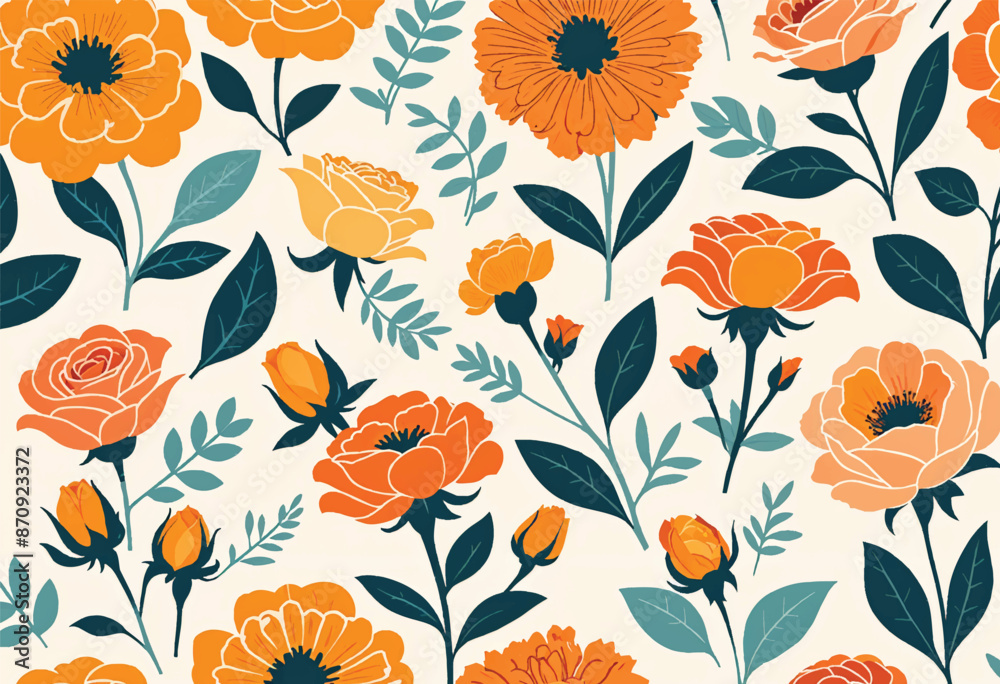 a seamless floral vector pattern wallpaper with marygold flowers and green leaves a seamless floral vector pattern wallpaper with marygold flowers and green leaves