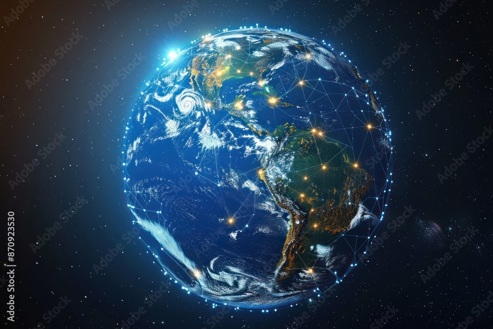 Obraz premium planet earth with many connections of luminous lines connecting in a common chain. ai generative