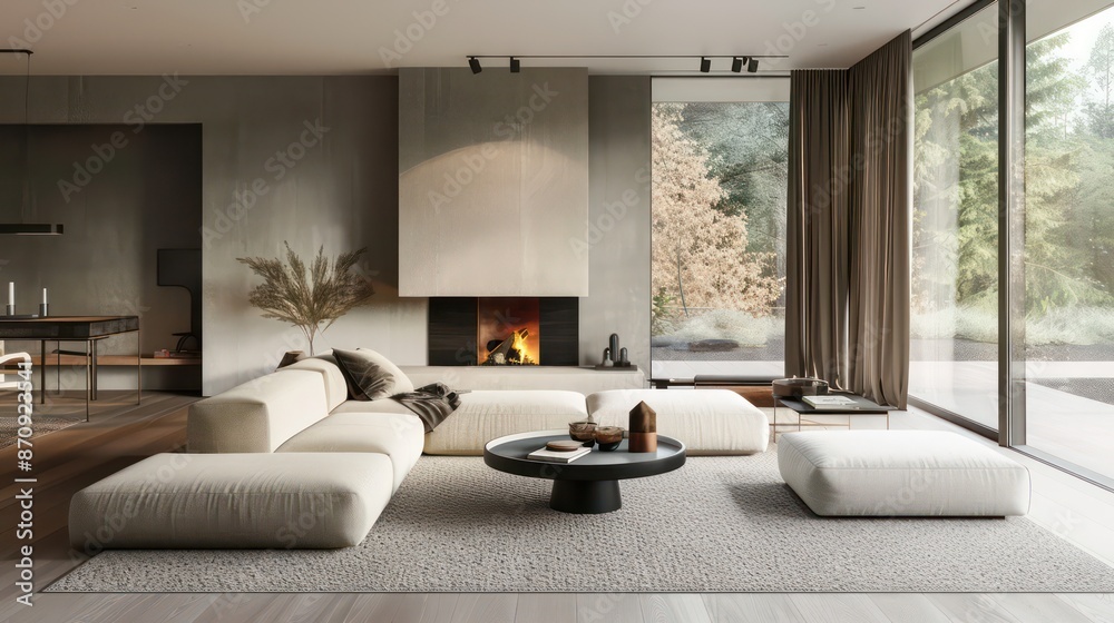 Fototapeta premium Fireplace, light sofa, coffee table. Scandinavian style home interior design of modern living room