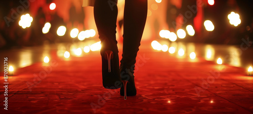 Behind the Glamour: Elegant Person on Red Carpet with Flashlights photo