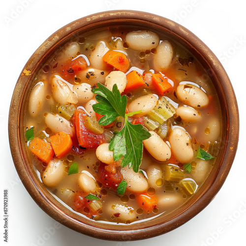 A bowl of Greek fasolada, a hearty white bean soup with tomatoes, carrots, and celery, garnished with a drizzle of olive oil, isolated on white background. photo