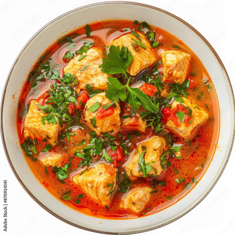 A bowl of Hungarian fisherman’s soup, spicy and aromatic with chunks of freshwater fish and paprika, garnished with fresh herbs, isolated on white background. A bowl of Hungarian fisherman’s soup, spicy and aromatic with chunks of freshwater fish and paprika, garnished with fresh herbs, isolated on white background.
