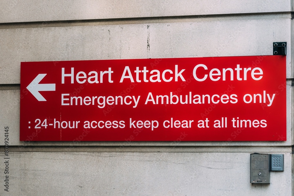 Red Sign for Heart Attack Centre Emergency Ambulances Only Red Sign for Heart Attack Centre Emergency Ambulances Only