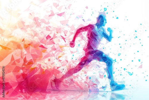 Polygonal person running colorful splash contrast sharp on white background. ai generative