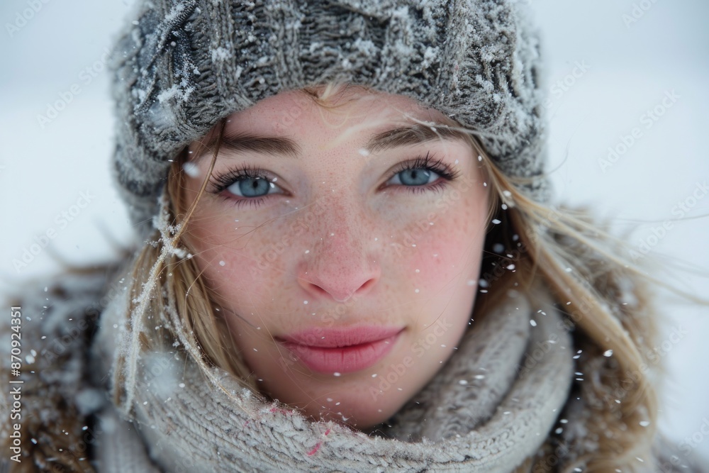 woman portrait in winter against a snowy white background. ai generative