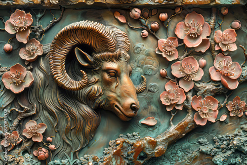 a relief sculpture of a ram head. Generative AI