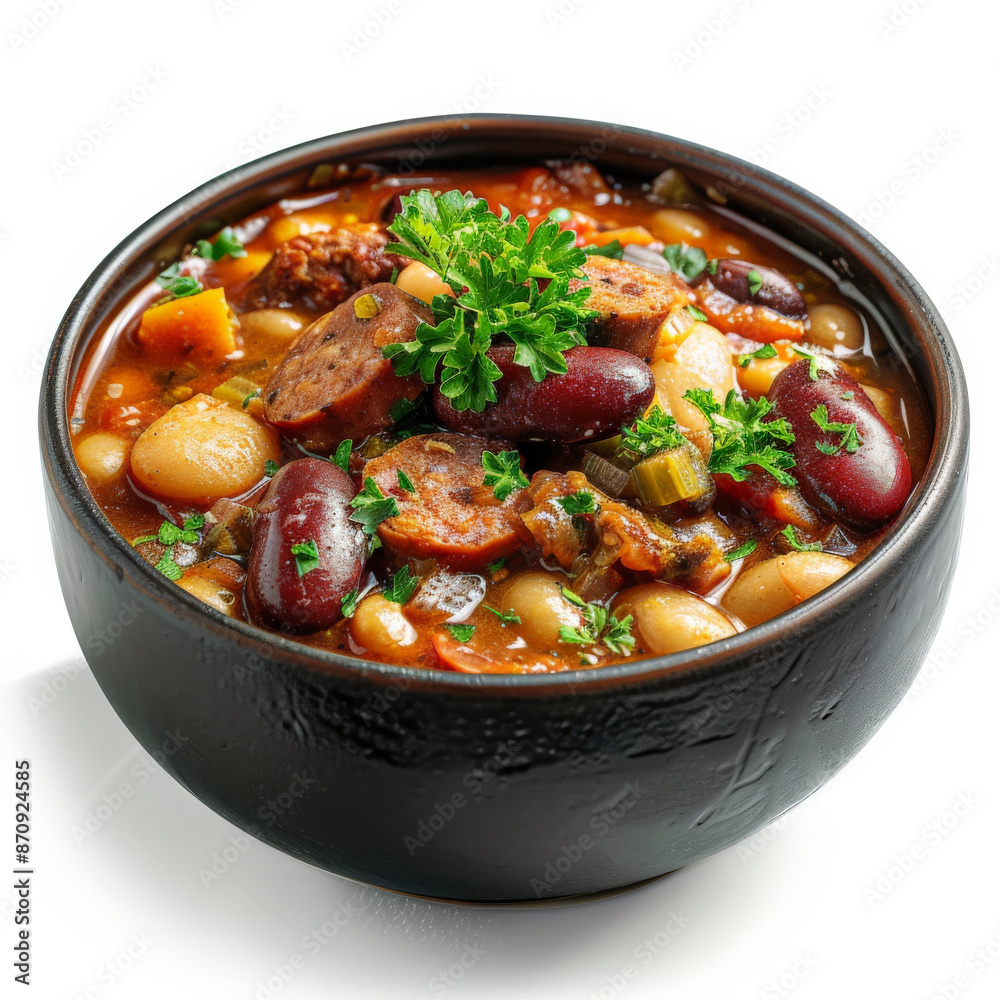A bowl of Spanish fabada asturiana, a hearty bean stew with chorizo, morcilla (blood sausage), and pork, garnished with parsley, isolated on white background. A bowl of Spanish fabada asturiana, a hearty bean stew with chorizo, morcilla (blood sausage), and pork, garnished with parsley, isolated on white background.