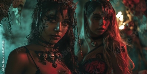 Two scantily clad young temptresses in the devil's cave