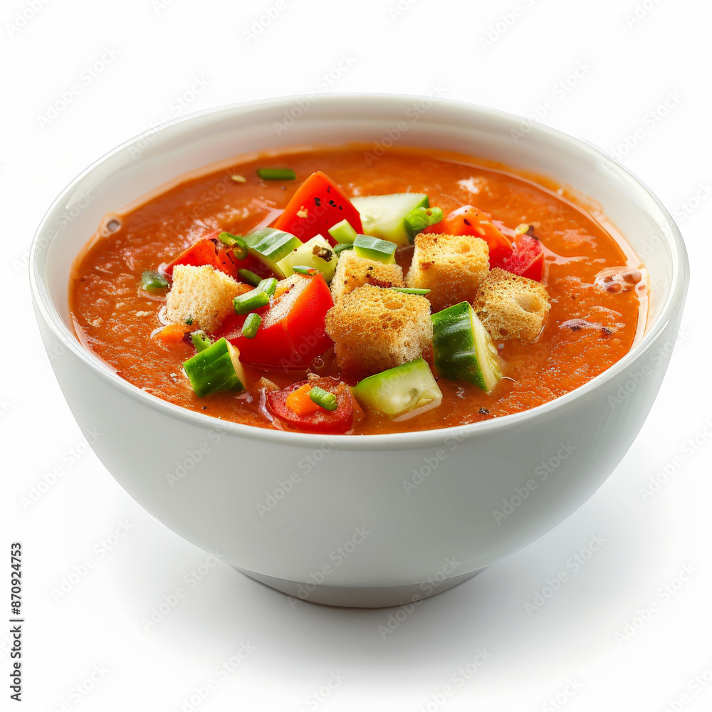 A bowl of Spanish gazpacho, chilled tomato soup with cucumber, bell peppers, and olive oil, garnished with croutons, isolated on white background. A bowl of Spanish gazpacho, chilled tomato soup with cucumber, bell peppers, and olive oil, garnished with croutons, isolated on white background.