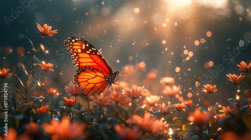 A swarm of colorful butterflies feeding on a patch of vibrant wildflowers in a sunny meadow. © Usman