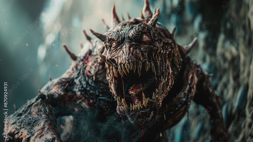 Devil satan beast monster from hell with big teath and horns on body Devil satan beast monster from hell with big teath and horns on body