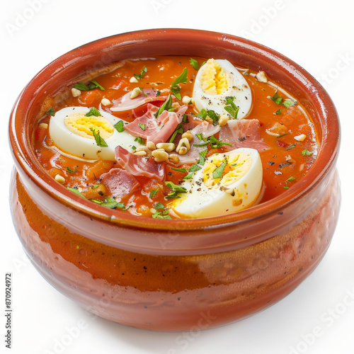 A bowl of Spanish salmorejo, a thick tomato and bread soup, garnished with chopped hard-boiled egg and serrano ham, isolated on white background.