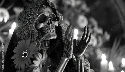 Portrait on santa muerte with black and white colors on face. Celebrate mexicans day of the dead