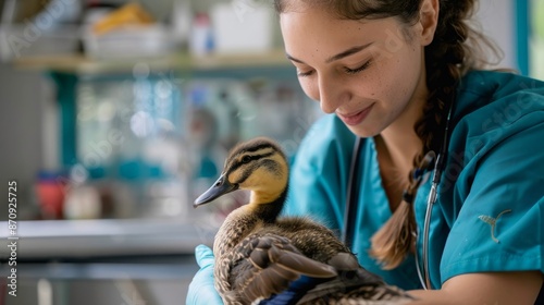 Veterinarian administering care to a sick duck photo