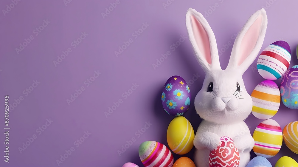 Obraz premium white Easter bunny with colorful eggs in decorated on the background with empty space isolated on the purple background 
