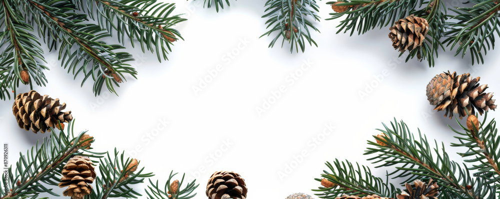 A circular frame of pine branches with needles and cones, isolated on a white background. The evergreen foliage and brown cones create a rustic and seasonal border. A circular frame of pine branches with needles and cones, isolated on a white background. The evergreen foliage and brown cones create a rustic and seasonal border.