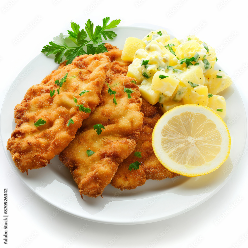 A classic Austrian schnitzel, breaded and fried to golden perfection, served with a slice of lemon and potato salad, isolated on white background. A classic Austrian schnitzel, breaded and fried to golden perfection, served with a slice of lemon and potato salad, isolated on white background.