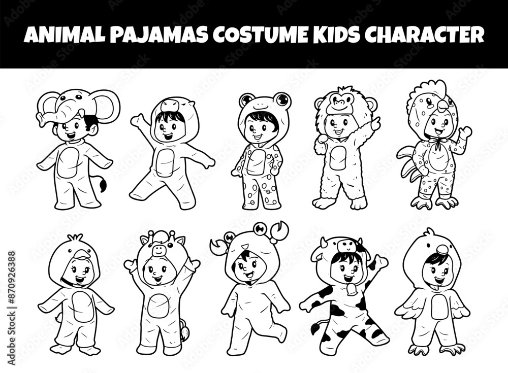 Animal pajamas costume kids character set outline vector illustration Animal pajamas costume kids character set outline vector illustration
