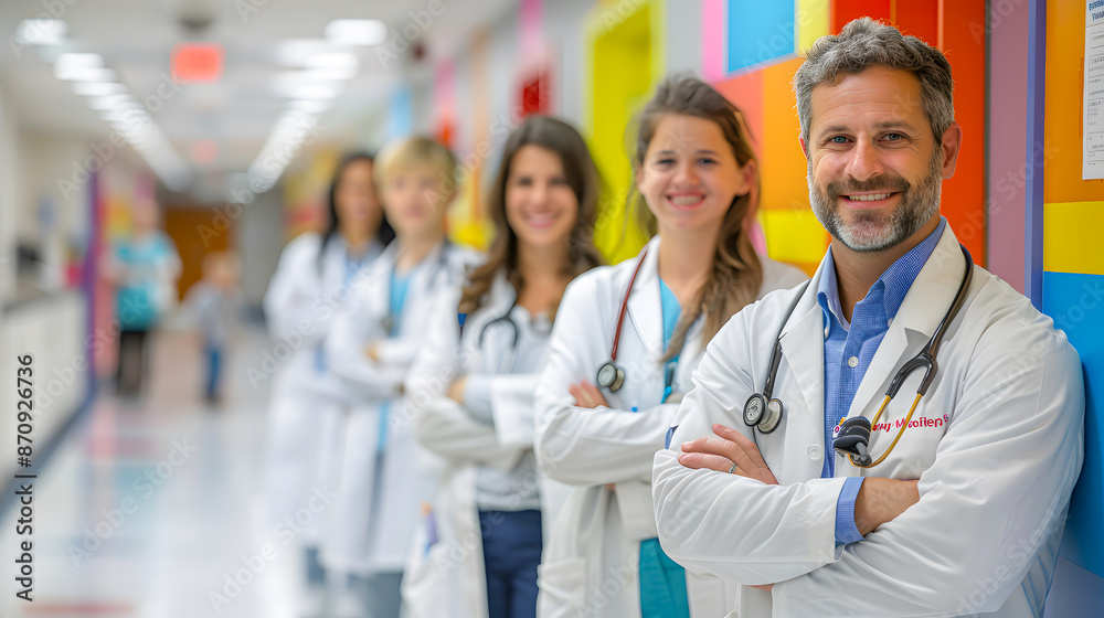 Group of smiling doctors standing in hospital corridor, wearing white coats and stethoscopes, ready to provide medical care.