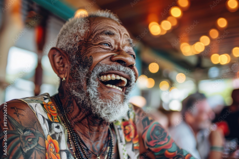 Tattooed elderly man laughing, showcasing muscular physique. Tattooed elderly man laughing, showcasing muscular physique.