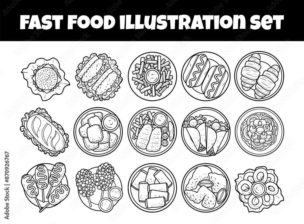 Obraz premium Fast food set with top view outline vector illustration