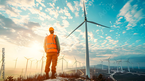 Engineer observing wind turbines at a renewable energy site during sunset, highlighting the importance of sustainable and clean energy solutions.
