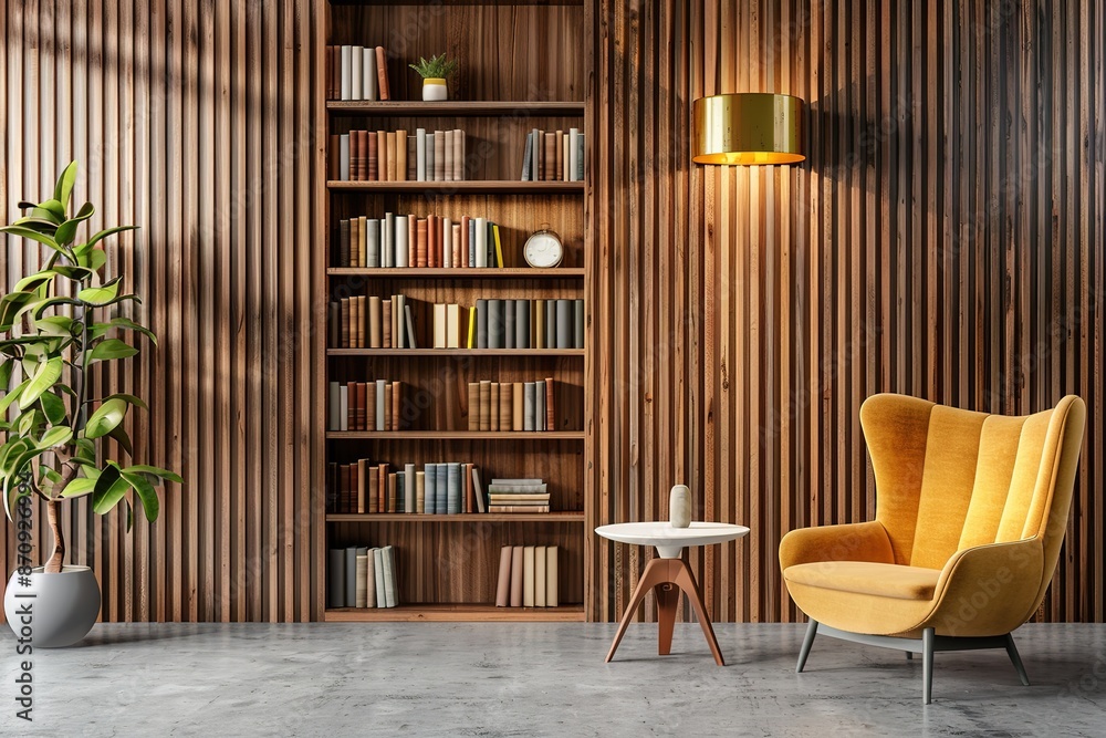 Fototapeta premium A yellow chair sits in front of a bookshelf filled with books