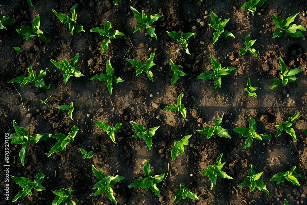 Top view of green sprouts in the ground. Plant growth. Top view of green sprouts in the ground. Plant growth.