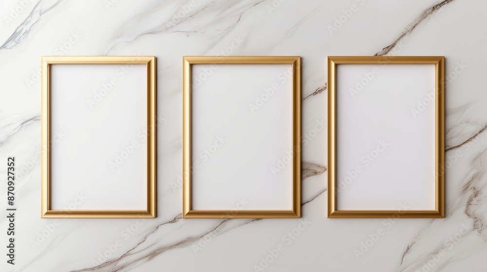 Elegant 3D wall frame mockup in matte gold, set against a marble-inspired backdrop with subtle veining, perfect for luxurious branding display Elegant 3D wall frame mockup in matte gold, set against a marble-inspired backdrop with subtle veining, perfect for luxurious branding display