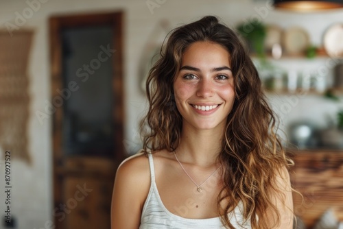 young cheerful attractive smiling woman standing in own apartment. ai generative