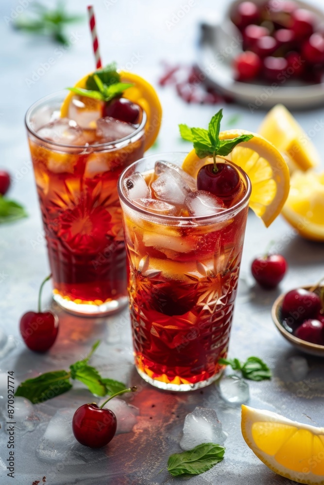 Refreshing Cherry Drink in Glass with Ice Cubes. Cherry Pie Iced Tea Refreshing Cherry Drink in Glass with Ice Cubes. Cherry Pie Iced Tea
