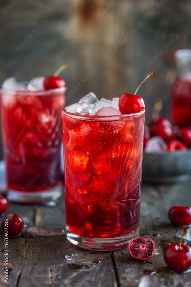 Refreshing Cherry Drink in Glass with Ice Cubes. Cherry Pie Iced Tea Refreshing Cherry Drink in Glass with Ice Cubes. Cherry Pie Iced Tea
