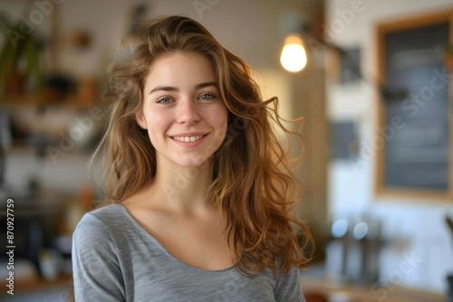 young cheerful attractive smiling woman standing in own apartment. ai generative