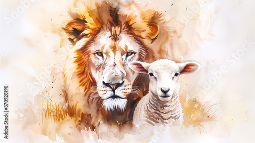 Lion of Judah and Lamb - Symbolic Watercolor Art of Peace and Strength

