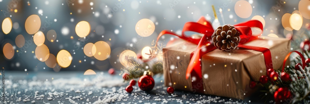 Beautiful Christmas gift box on bright bokeh