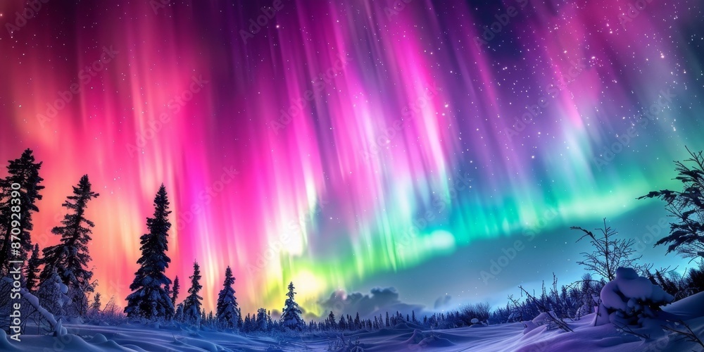 Naklejka premium Vibrant Aurora Borealis Display Over Serene Lake Landscape