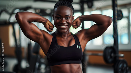 Muscular woman in a gym. © XaMaps