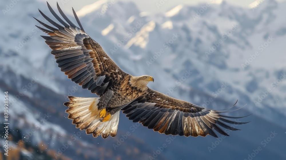 A majestic eagle soaring high in the sky, with outstretched wings and a mountainous backdrop, midday light A majestic eagle soaring high in the sky, with outstretched wings and a mountainous backdrop, midday light